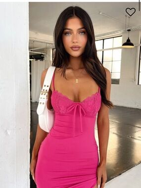 Lace-Trim Mini Dress with Tie Front in Hot Pink